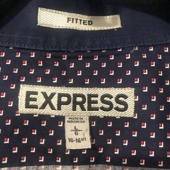 Express Mens Fitted Polka Dot Button Down Shirt Navy Blue Lrge - Picture 2 of 7